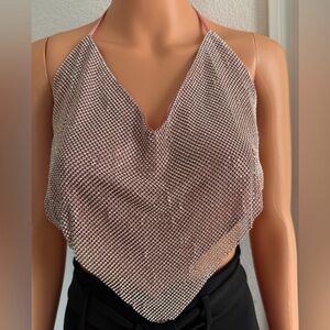 Rhinestone Mesh Halter Camisole - Silver Sparkle